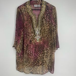 Chico’s sheer 100% silk cheetah print blouse sz 2
